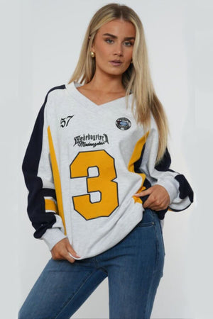 BLEACH GREY OVERSIZED ATHLETIC SLOGAN VARSITY SWEATSHIRT