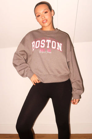 CHARCOAL BOSTON LOGO CROPPED SWEATSHIRT