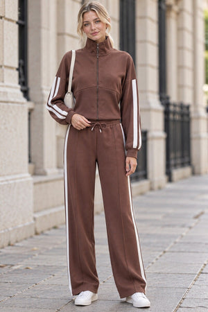 CHOCOLATE CROPPED DOUBLE STRIPE ZIPPED SWEATSHIRT WITH WIDE LEG TROUSER