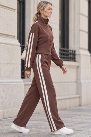 CHOCOLATE CROPPED DOUBLE STRIPE ZIPPED SWEATSHIRT WITH WIDE LEG TROUSER