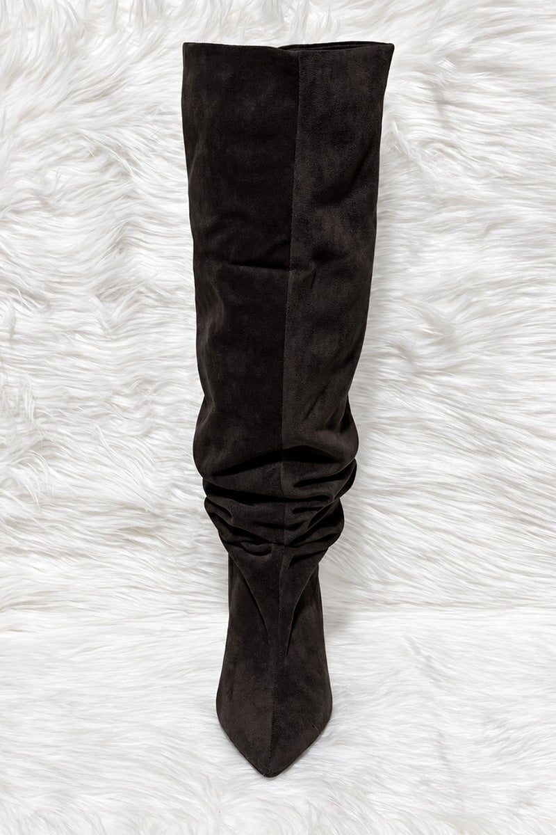 BROWN FAUX SUEDE SLOUCH KNEE HIGH BOOT