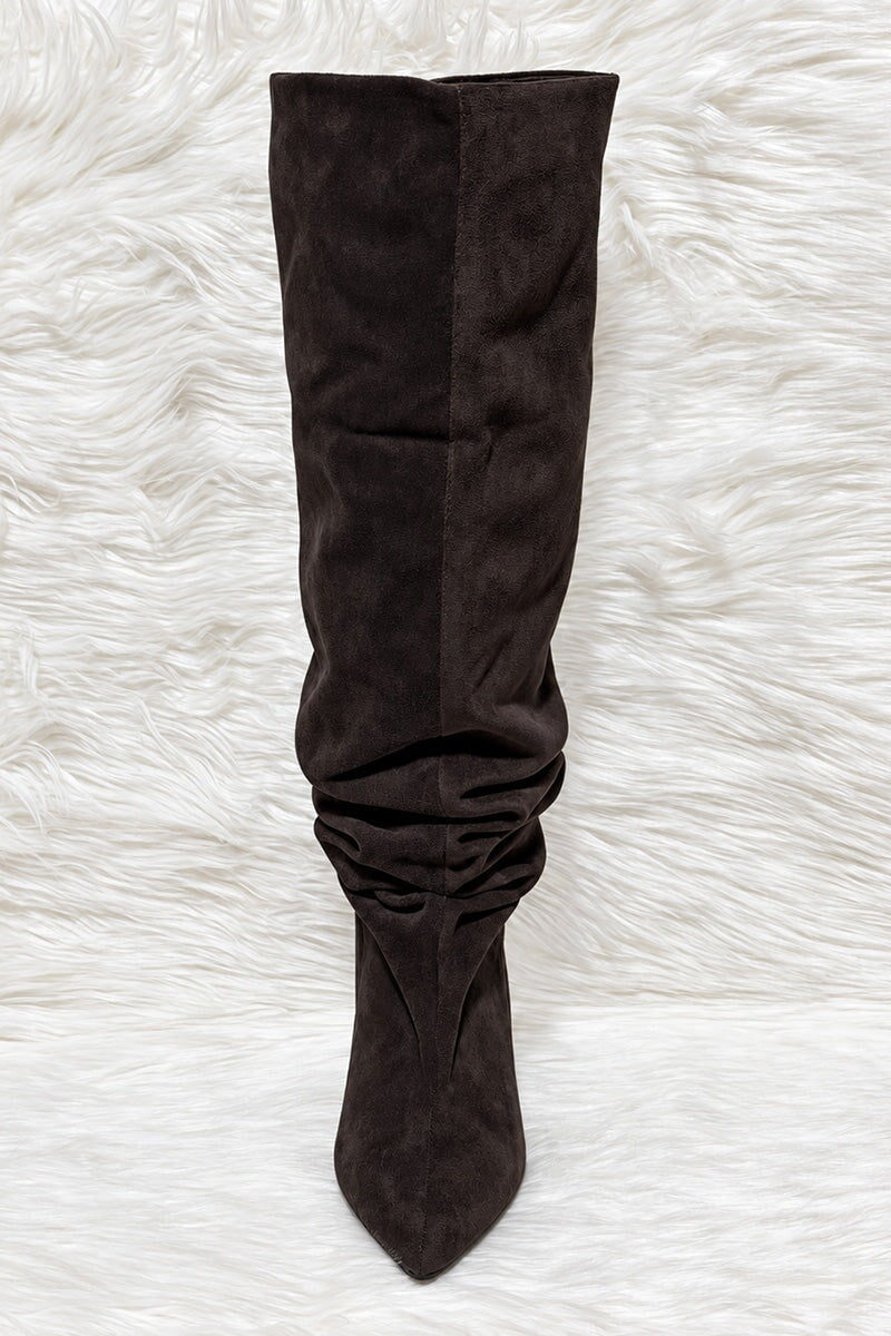 BROWN FAUX SUEDE SLOUCH KNEE HIGH BOOT