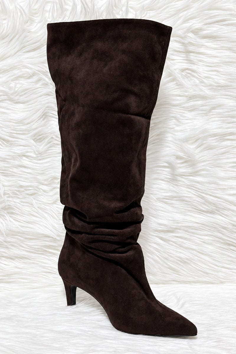 BROWN FAUX SUEDE SLOUCH KNEE HIGH BOOT