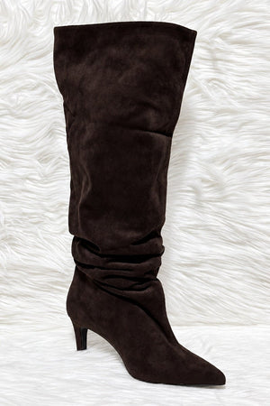 BROWN FAUX SUEDE SLOUCH KNEE HIGH BOOT