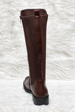 BROWN FAUX LEATHER KNIT PANEL KNEE HIGH BOOT