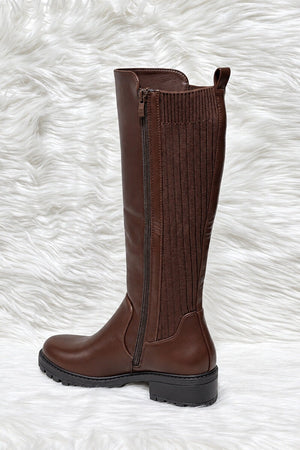BROWN FAUX LEATHER KNIT PANEL KNEE HIGH BOOT