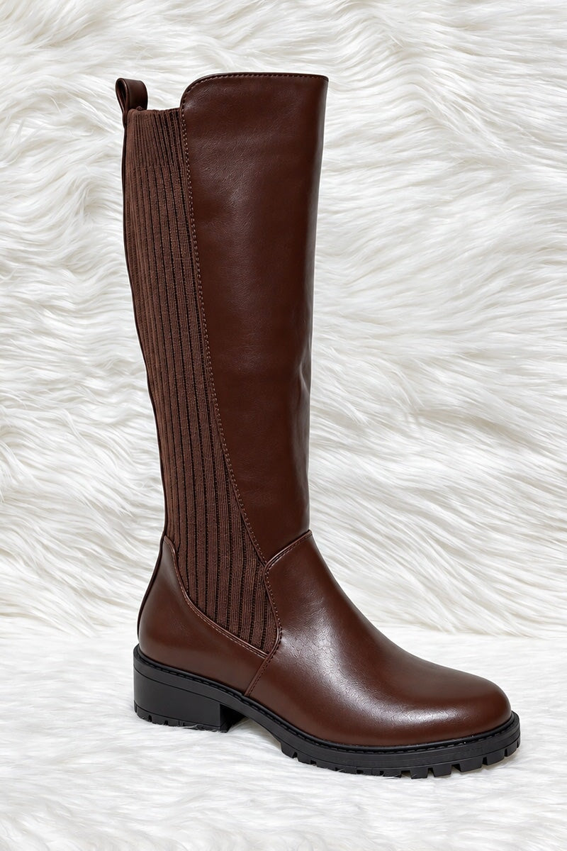 BROWN FAUX LEATHER KNIT PANEL KNEE HIGH BOOT