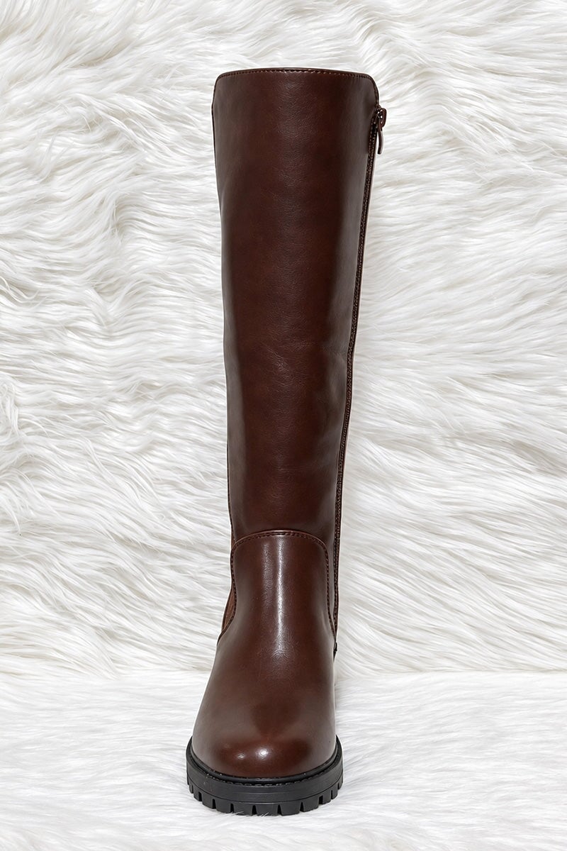BROWN FAUX LEATHER KNIT PANEL KNEE HIGH BOOT