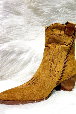 TAN FAUX SUEDE COWBOY ANKLE BOOT