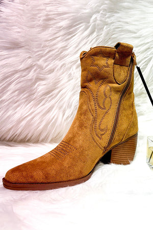 TAN FAUX SUEDE COWBOY ANKLE BOOT