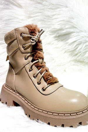 STONE FAUX LEATHER FUR TRIM LACE UP ZIP ANKLE BOOT