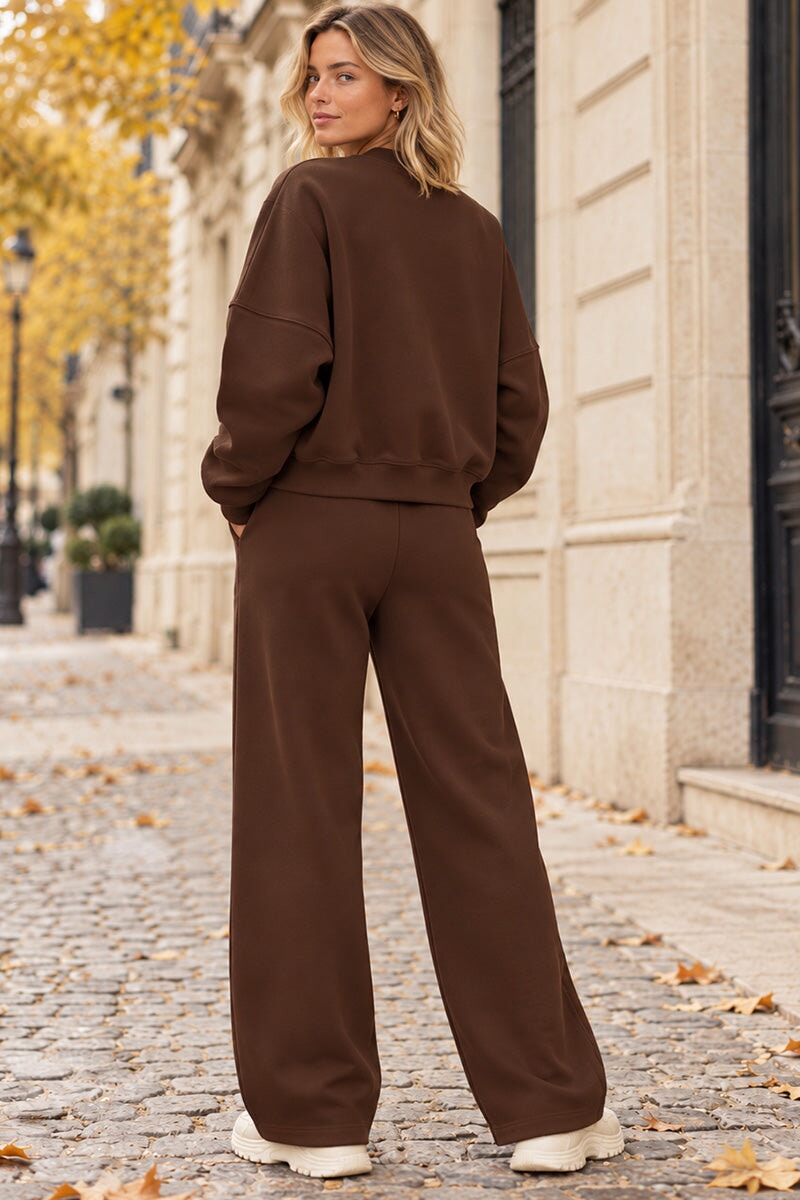 CHOCOLATE ZIPPED BOMBER JACKET AND WIDE LEG TROUSER SET
