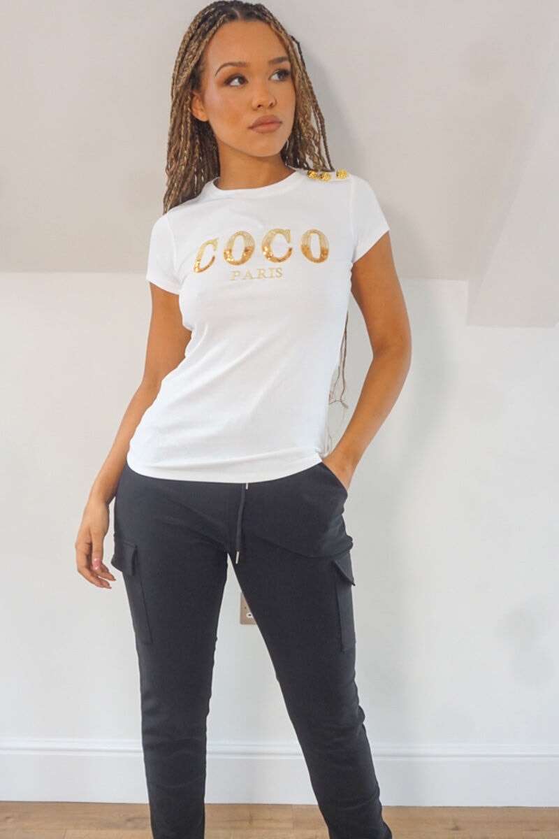 WHITE COCO EMBELLISHED SHORT SLEEVE TOP