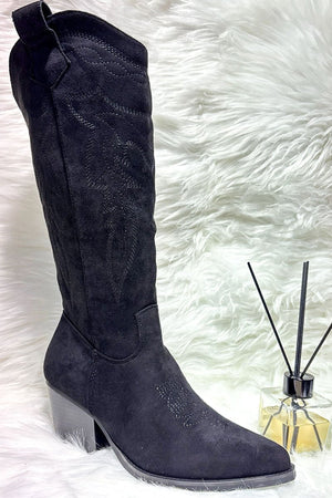 BLACK FAUX SUEDE COWBOY BOOT