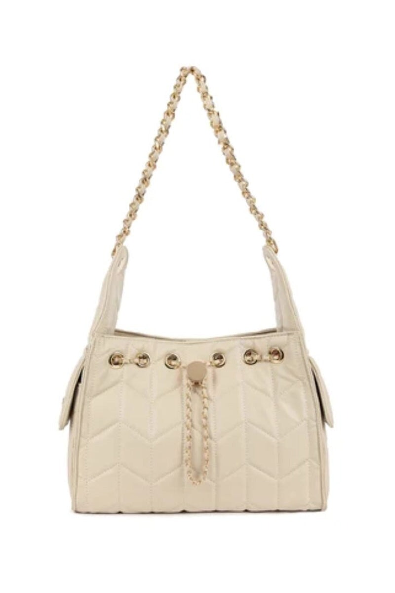 CREAM FAUX LEATHER QUILTED GOLD CHAIN SHOULDER BAG