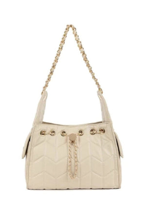 CREAM FAUX LEATHER QUILTED GOLD CHAIN SHOULDER BAG
