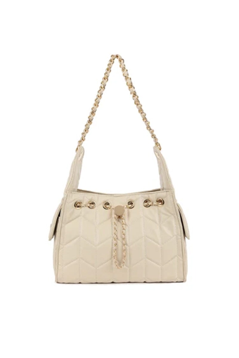 CREAM FAUX LEATHER QUILTED GOLD CHAIN SHOULDER BAG