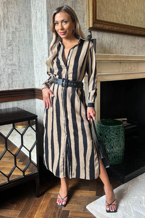 AX PARIS BEIGE STRIPED PRINT BUTTON FRONT BELTED SHIRT MIDI DRESS