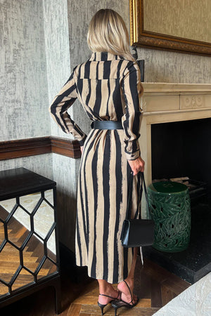 AX PARIS BEIGE STRIPED PRINT BUTTON FRONT BELTED SHIRT MIDI DRESS