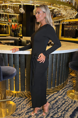 AX PARIS BLACK LONG SLEEVE SASH BODYCON MIDI DRESS