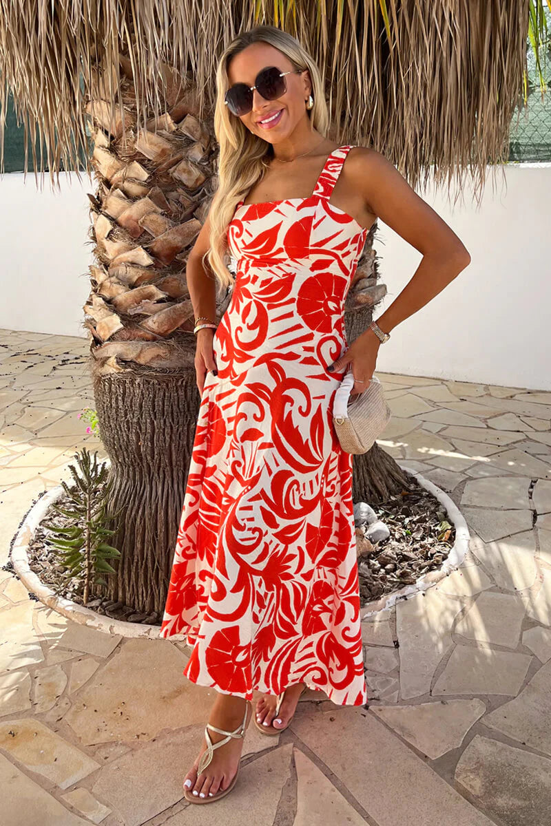 AX PARIS ORANGE AND WHITE TROPICAL PRINT SHIRRED STRAPS BUTTON DETAIL MIDI DRESS