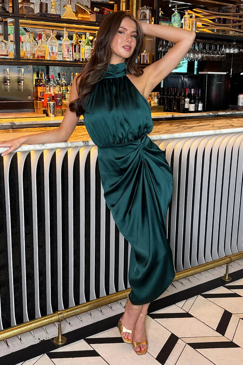 AX PARIS TEAL HALTER NECK GATHERED SKIRT MIDI DRESS