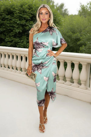 AX PARIS DUCK EGG PRINT ONE SLEEVE WRAP SKIRT MIDI DRESS