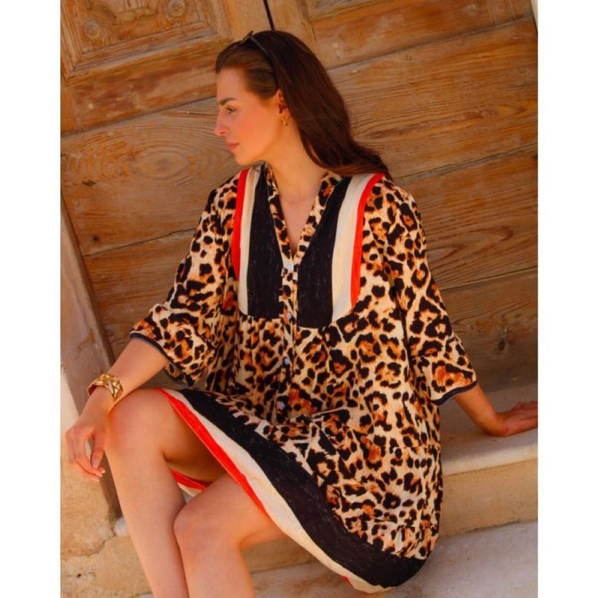 ANIMAL PRINT 3/4 SLEEVE SMOCK TUNIC DRESS