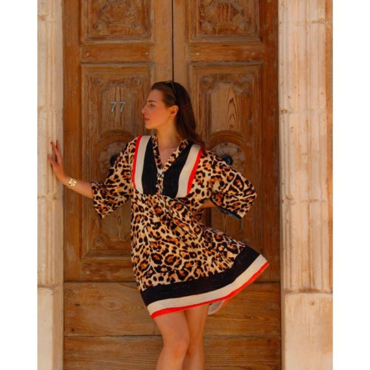 ANIMAL PRINT 3/4 SLEEVE SMOCK TUNIC DRESS