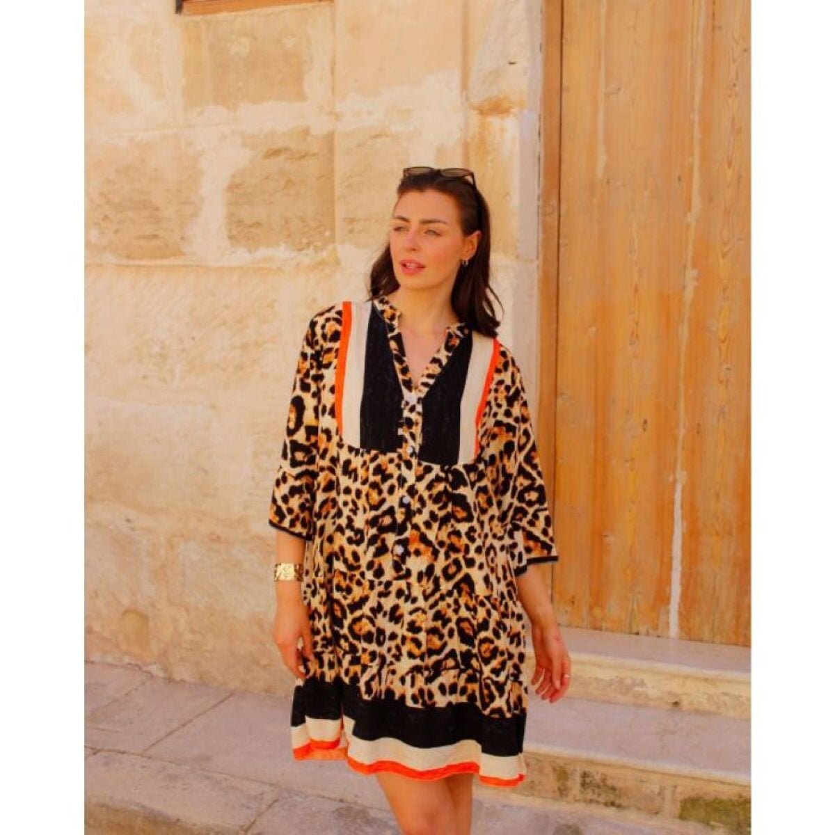 ANIMAL PRINT 3/4 SLEEVE SMOCK TUNIC DRESS