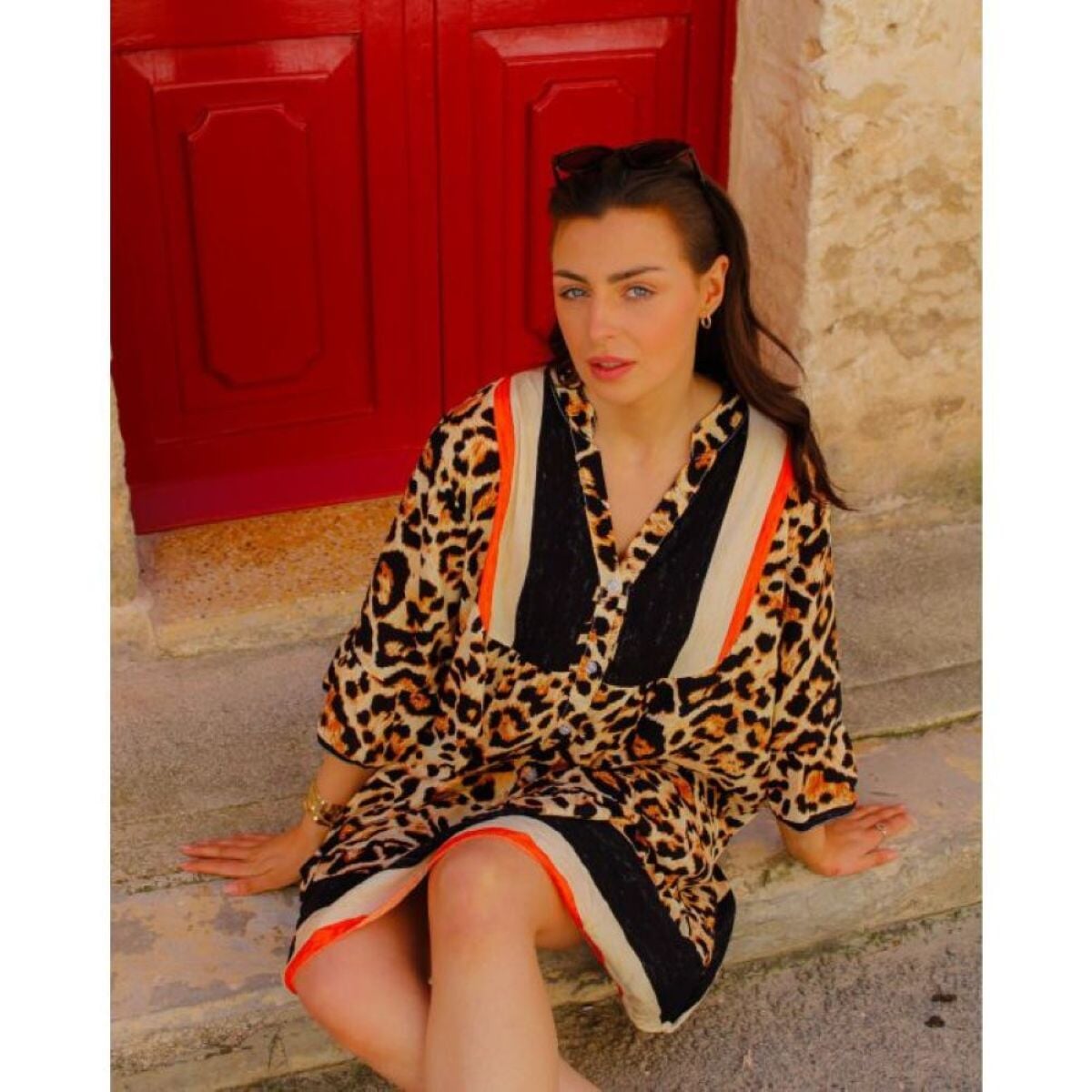 ANIMAL PRINT 3/4 SLEEVE SMOCK TUNIC DRESS