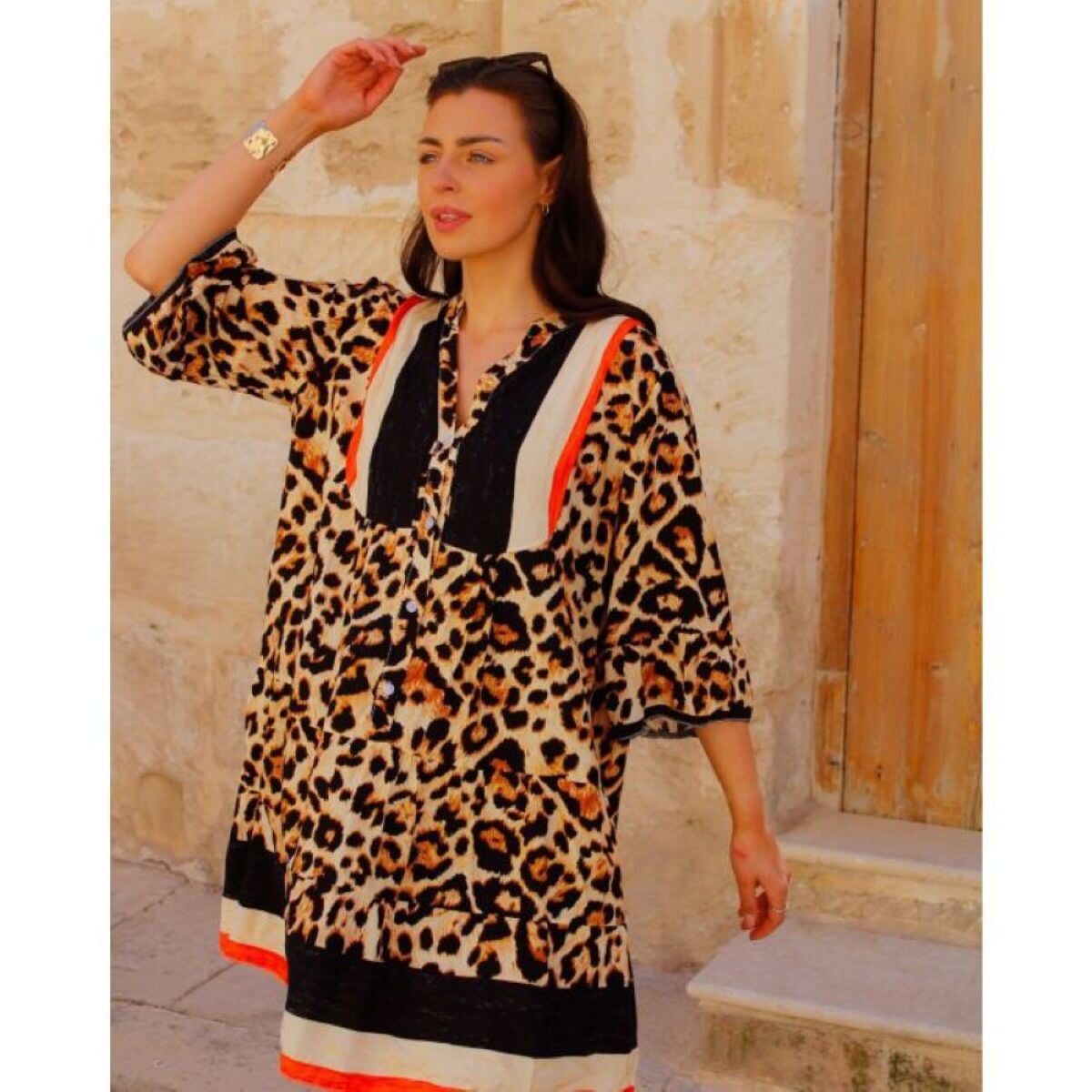 ANIMAL PRINT 3/4 SLEEVE SMOCK TUNIC DRESS