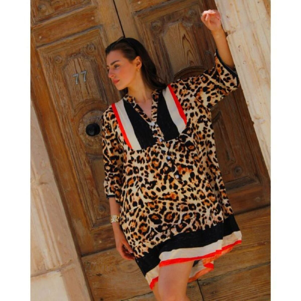 ANIMAL PRINT 3/4 SLEEVE SMOCK TUNIC DRESS