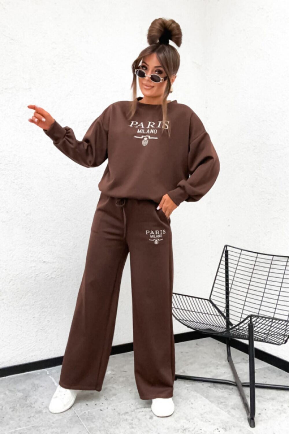 CHOCOLATE EMBROIDERED LOGO WIDE LEG LOUNGE SUIT
