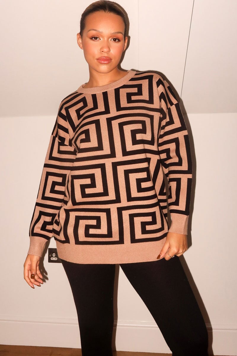 BLACK AND CAMEL CREW NECK OVERSIZED KNIT