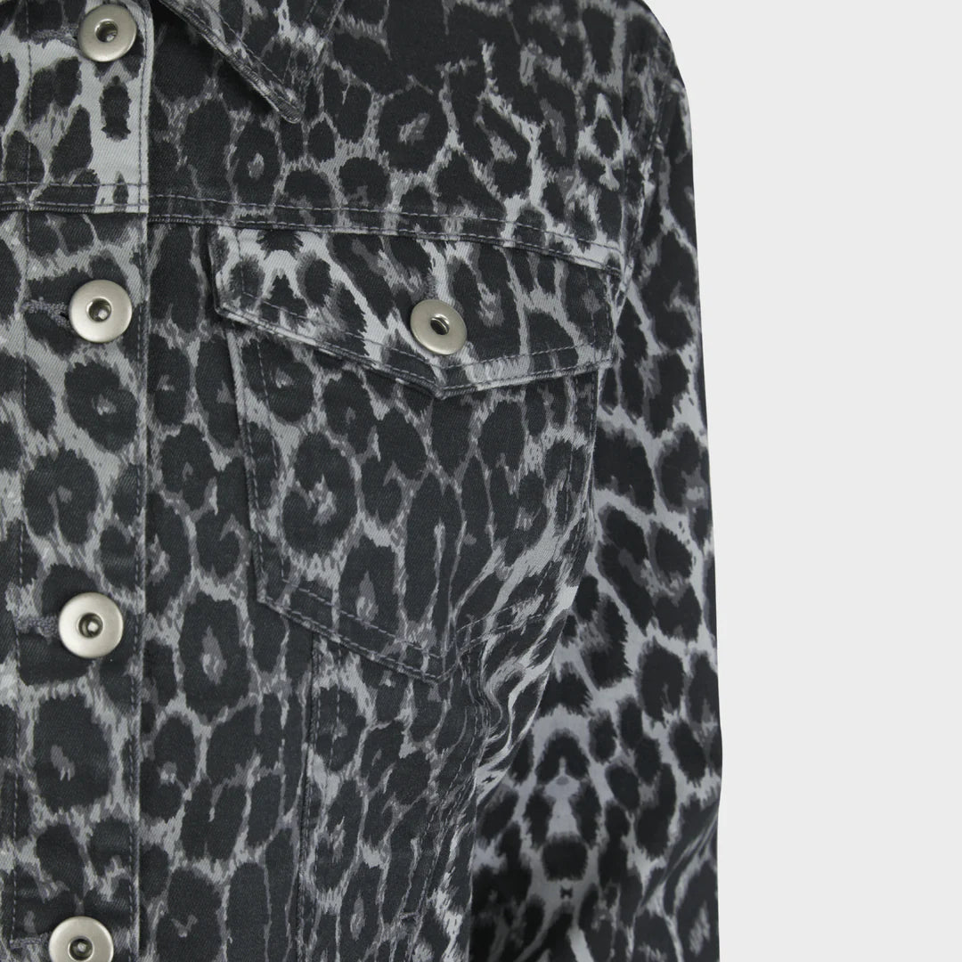 GREY ANIMAL PRINT STRETCH DENIM JACKET