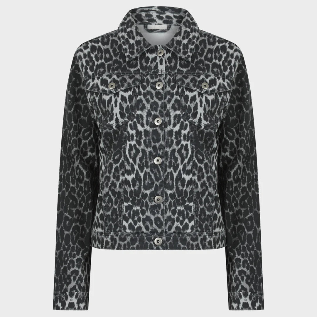 GREY ANIMAL PRINT STRETCH DENIM JACKET