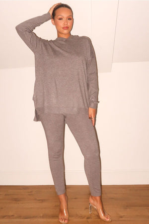 ANTHRACITE HOODED TWO POCKET KNITTED LOUNGEWEAR SET