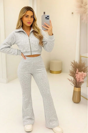 DOVE GREY ZIP COLLAR TOP WITH BOOT LEG TROUSER