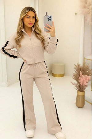 OATMEAL CROPPED DOUBLE STRIPE ZIPPED SWEATSHIRT WITH WIDE LEG TROUSER