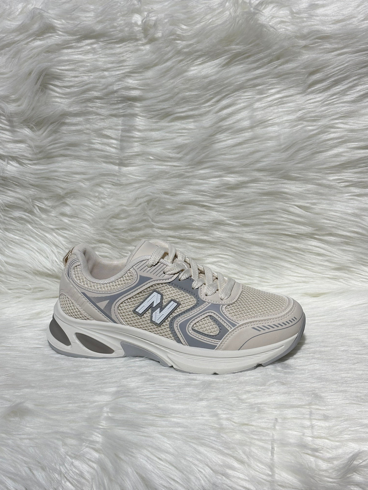 BEIGE LOGO LACE UP CHUNKY RUNNER STYLE TRAINER