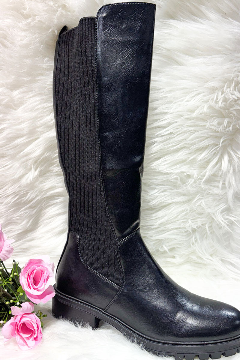 BLACK KNITTED KNEE HIGH FAUX LEATHER BOOT