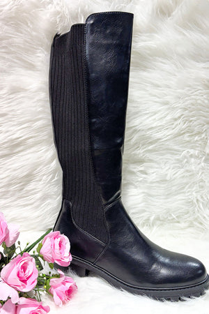 BLACK KNITTED KNEE HIGH FAUX LEATHER BOOT