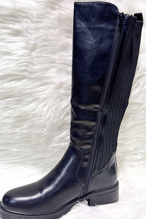 BLACK KNITTED KNEE HIGH FAUX LEATHER BOOT