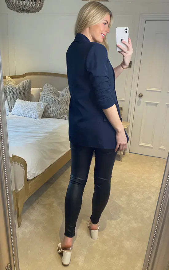 NAVY RUCHED SLEEVE BLAZER