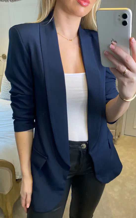 NAVY RUCHED SLEEVE BLAZER