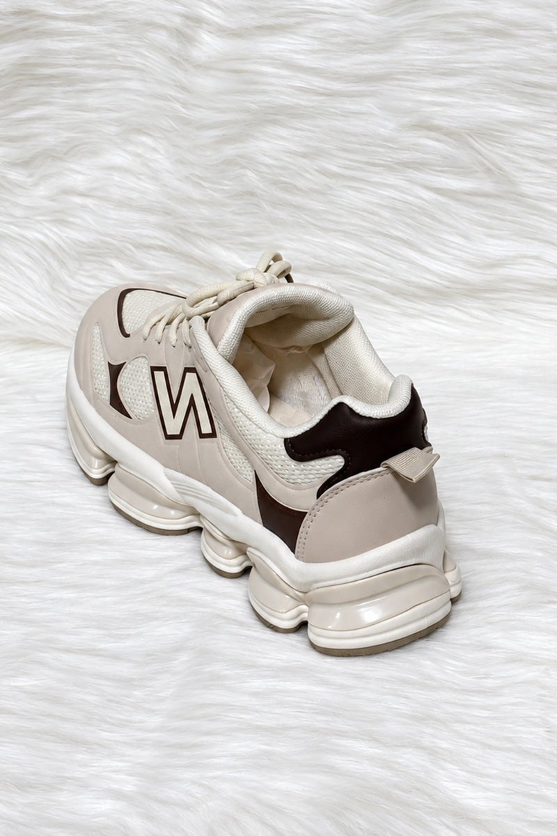 BEIGE AND CHOCOLATE LOGO LACE UP CHUNKY RUNNER STYLE TRAINER