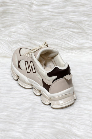 BEIGE AND CHOCOLATE LOGO LACE UP CHUNKY RUNNER STYLE TRAINER