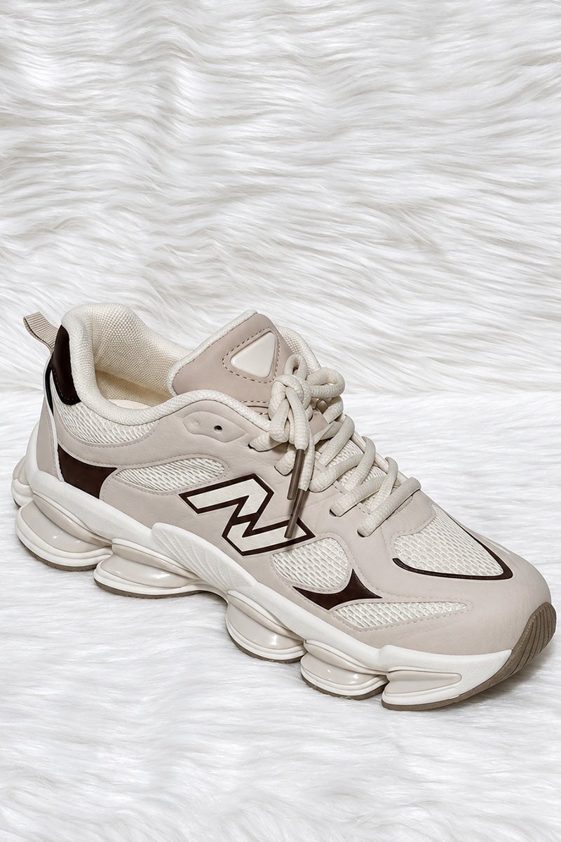 BEIGE AND CHOCOLATE LOGO LACE UP CHUNKY RUNNER STYLE TRAINER