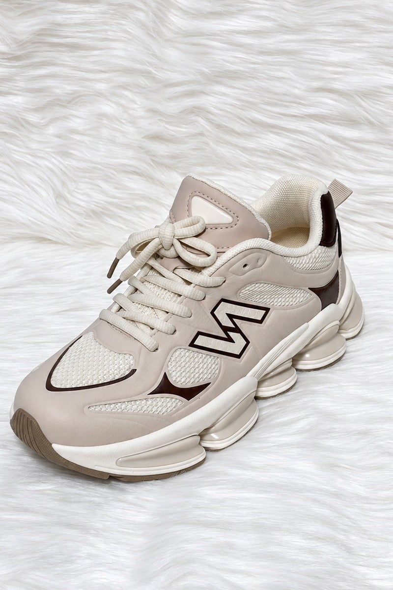 BEIGE AND CHOCOLATE LOGO LACE UP CHUNKY RUNNER STYLE TRAINER